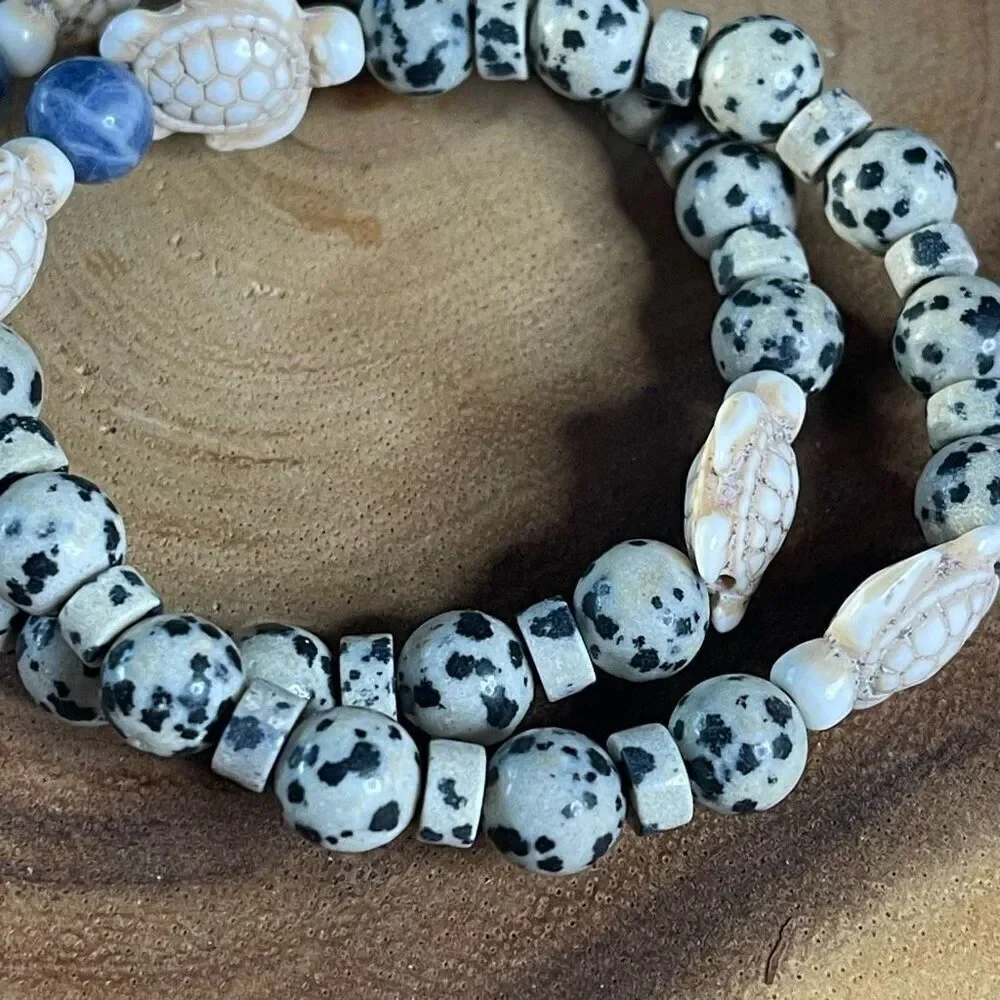 Sea turtle blue dot stone Dalmatian jasper stretch bracelet crystal beaded